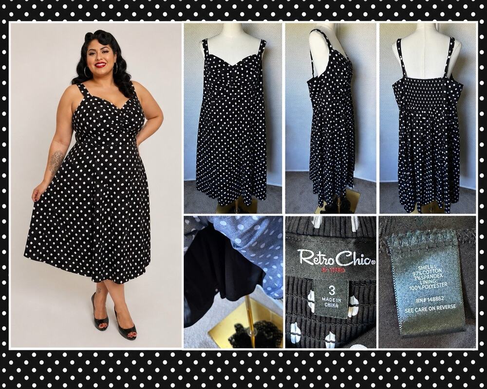 Retro Chic Torrid Plus 3X Black White Polkadot Rockabilly Pinup, Midi Dress ￼￼￼